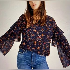 Madewell Navy Blue Floral Ruffle Sleeve Blouse